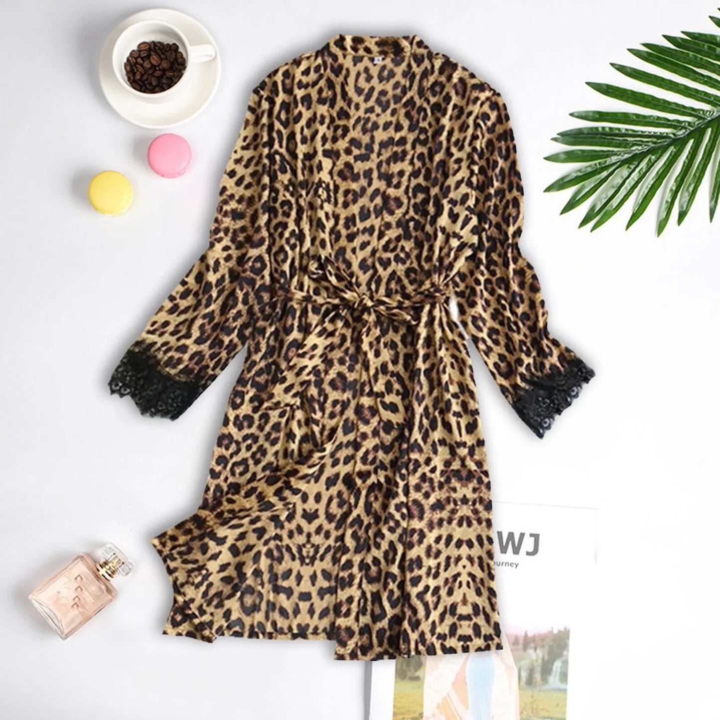 Leopard Print Lace Long Robe Satin Silk Pajamas Nightdress Sexy Lingerie Transparent Robes Sleepwear Wedding Dresses Women Gifts