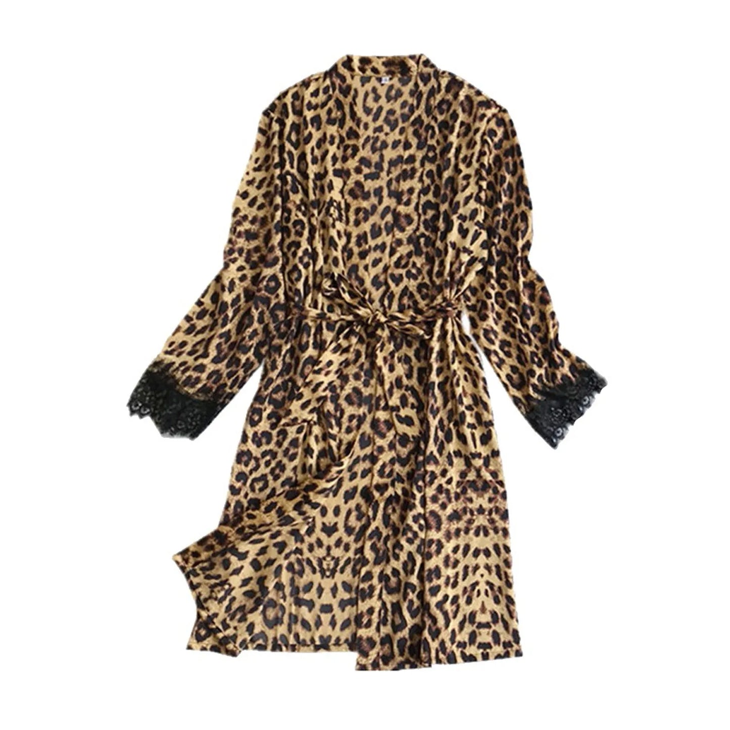 Leopard Print Lace Long Robe Satin Silk Pajamas Nightdress Sexy Lingerie Transparent Robes Sleepwear Wedding Dresses Women Gifts